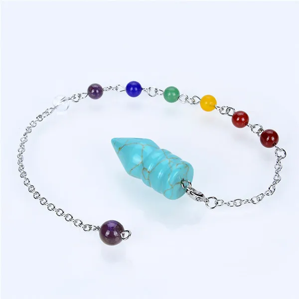turquoises Reiki 7 Чакра исцеляющая натуральная подвеска в виде каменного маятника для Wicca радиестезии дюбационная цепь тигровый глаз кристалл кулон маятник - Окраска металла: turquoises