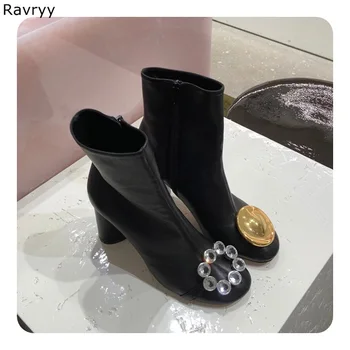 

Black Woman Ankle Boots Bling Bling Crystal Hot Fashion Autumn Short Boot Round Toe Square Heel Concise Style Female Party Shoes