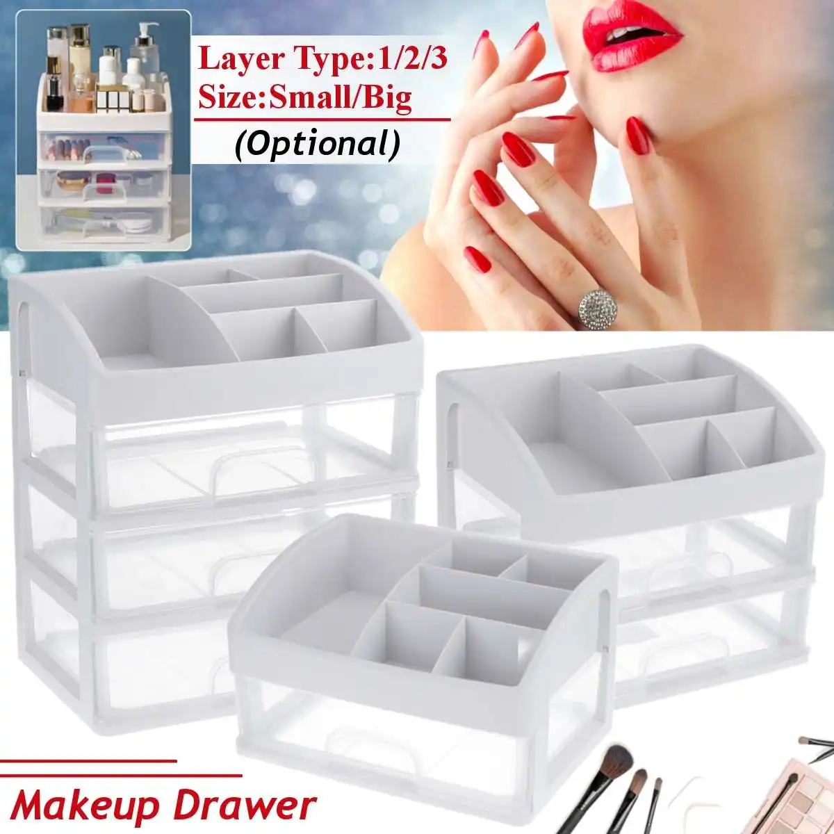 

1/2/3 Layers Plastic Cosmetic Makeup Drawer Organizer Storage Box Container Desktop Storage Box Container grey Color