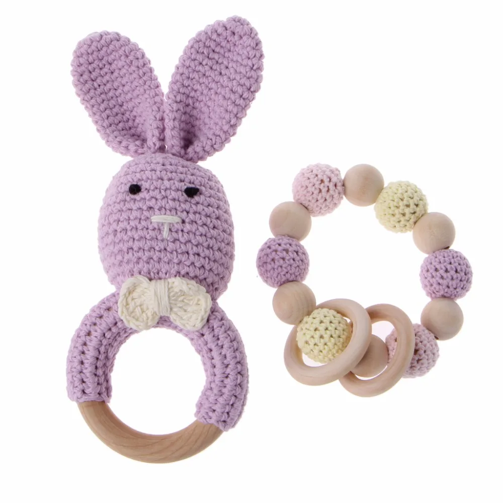

2Pcs/Set Baby Wooden Teether Bracelet Crochet Bunny Teething Ring Chewing Toy