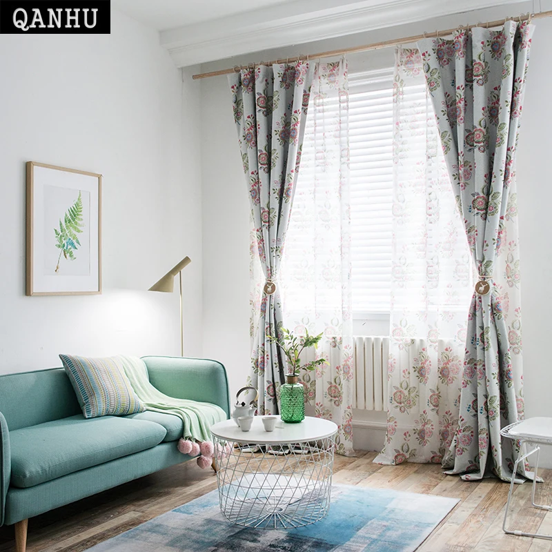 

QANHU 2018 Comfortable Curtain Cotton Spring happy plant bright Jacquard Curtains for Bedroom Living Room Home Blackout 90%QH-11