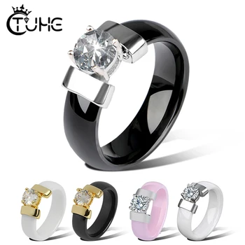 

New Style 6mm Ceramic Rings Black White Ring With Cubic Zirconia For Women Gold Metal Smooth Wedding Ring Engagement Jewelry