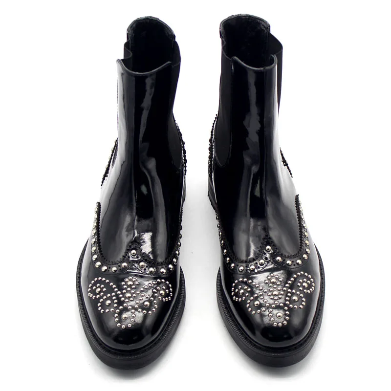 Chelsea Richelieu Luxe Biker Chaussures Hommes Cheville En Main Slip Hiver Rivet Bottes Réel De Perles Cuir Black Med Talons Vache Sur Punk SVpqUzM