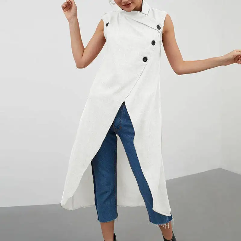 Летняя модная Женская Длинная блузка без рукавов, ассиметричное, неправильной формы, топы, Современная туника с разрезом, пуговицы для рубашки, Blusas Mujer - Цвет: Белый