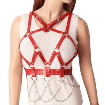 

Womens Red Harness Bra Cupless Bra Hollow Out Leather Tops Punk Goth Rave Chest Straps Belt Tassel Metal chain Sexy Lingerie