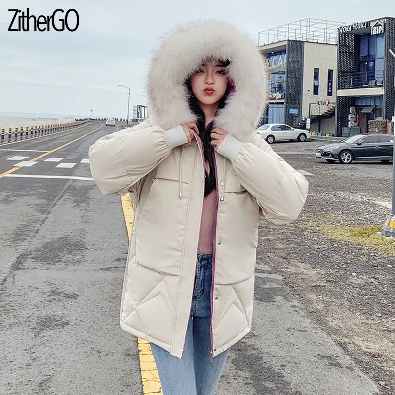 

ZitherGo Female Winter Thick Warm Cotton Jacket Ladies Hooded With Big Fur Collar Loose Outwear Coats Women Fashion Parkas