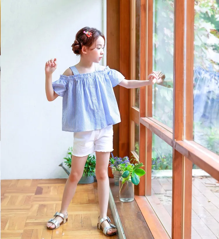 blue striped baby teenage girls shirts princess off shoulder loose cute teenage shirts Korean style spring summer autumn tops (19)