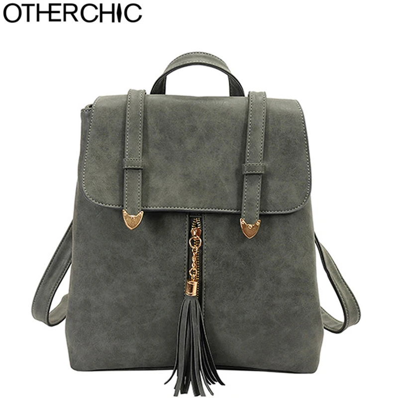 OTHERCHIC Preppy Style Girls Tassel Backpack Nubuck Leather Women Backpack Fringe Fashion Fringe School Bag Sac