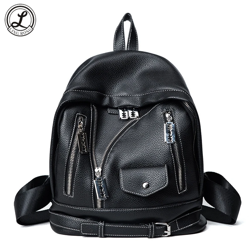 Women Girls Fashion Black Schoolbag Soft Pu Leather Pink Backpacks Ladies Travel Back Bag Small Pack