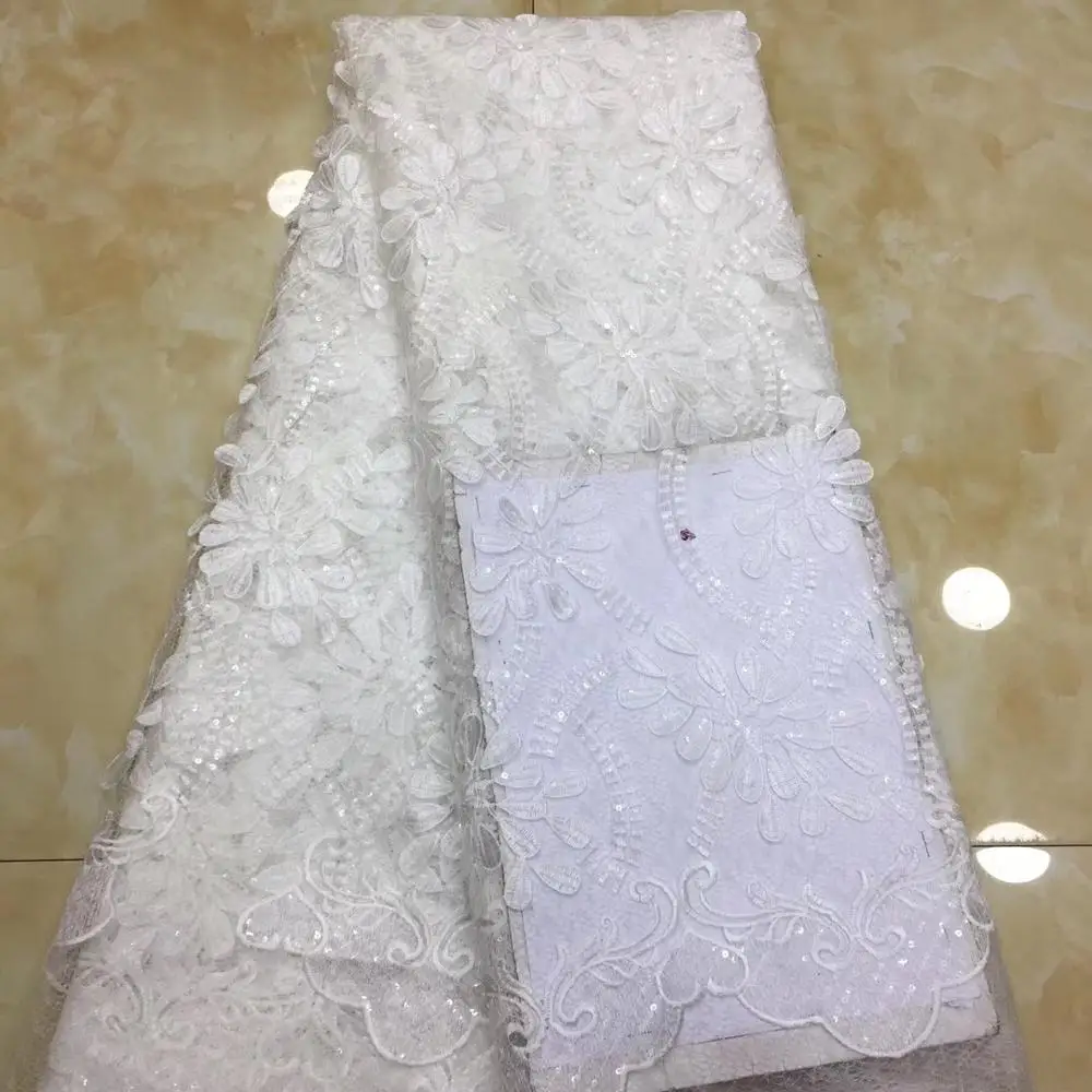 

French lace fabric 5yds/pce white 3d leaf sequins mesh fabrics women gorgeous luxury party event asoebi show dress 2019 new