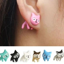 Korean 1PC Fashion Cartoon Cute Animal Cat Double Sided Ear Stud Earrings For Women Girls Jewelry Best Gifts Wholesale