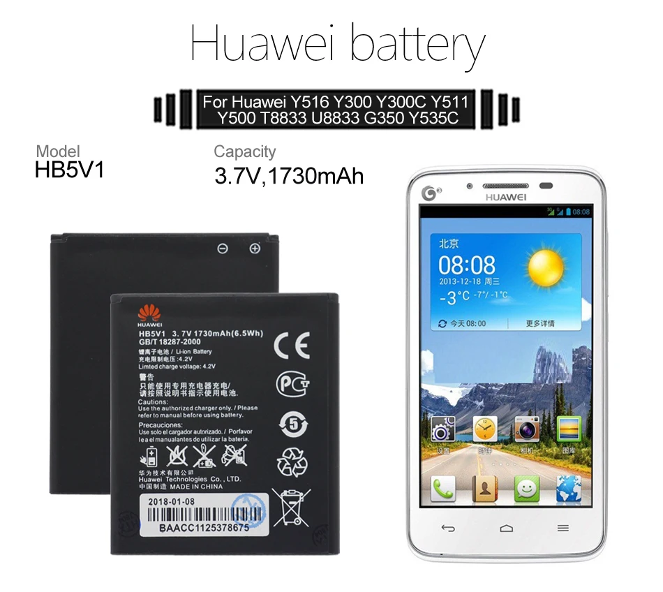 Hua Wei сменный аккумулятор для телефона HB5V1/HB5V1HV для huawei Honor Bee/Ascend W1 Y541 U8833 G350 Y516 Y511 Y300 1730 мАч