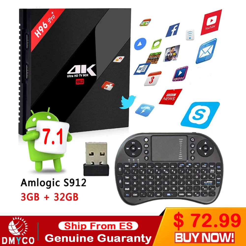

[Genuine] h96 pro plus 3g 32g Smart TV Box Android 7.1 Amlogic S912 OCTA Core Wifi 4K H.265 h96 media player h96pro set top box