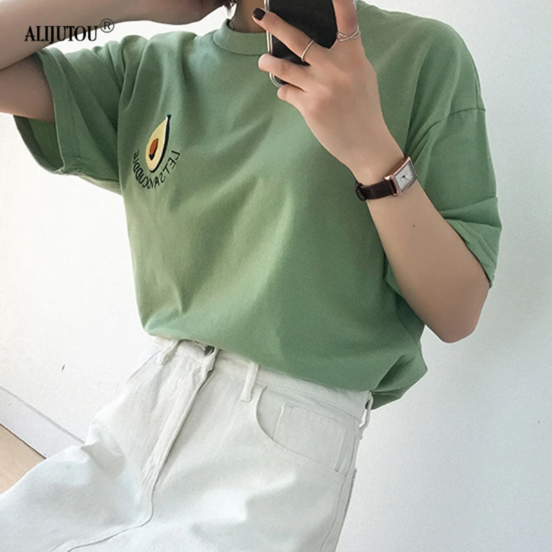 Avocado Embroidery T Shirt Women Cotton Summer O-Neck Cute T-Shirt Casual Tops Tee Women Short Sleeve Female White Green Tees Avocado Embroidery T Shirt Women Cotton Summer O-Neck Cute T-Shirt Casual Tops Tee Women Short Sleeve Female White Green Tees
