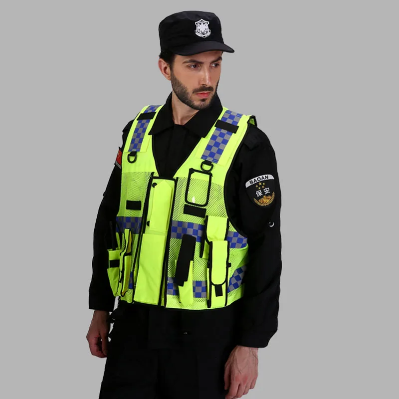 Reflective vest multi-pockets construction workwear safety protection vest traffic road fluorescent clothes outdoor work jacket  (4)