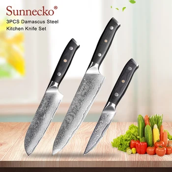 

SUNNECKO High Quality Chef Santoku Paring Knife Damascus Japanese VG10 Steel Blade G10 Sanding Handle 3PCS Kitchen Knives Set