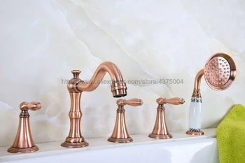 

Antique Red Copper Bathtub Shower Faucets 5 hole Basin Sink Taps Three Handle Control with Hand Shower Ntf220