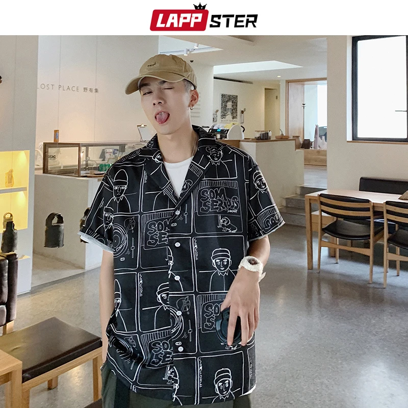 

LAPPSTER Men Hawaiian Short Sleeve Black Shirt 2019 Mens Streetwear Summer Shirt Casual Hip Hop Funny Shirt For Men Fashions XL