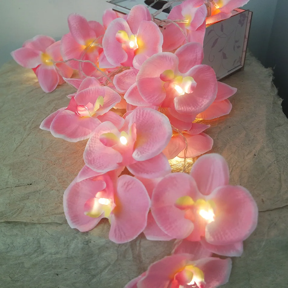

Creative handmade pink orchid wreath with LED Lights string ,Vase flower arrangement,DIY wedding party string led decoration