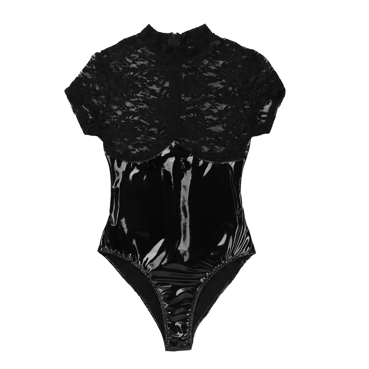 sexy bodysuit Wetlook Faux Leather Black Bodysuit Women Female 2020 Lace Splice Back Zipper Jumpsuit Sexy Bodycon High Cut Bodysuit Nightwear black bodysuit