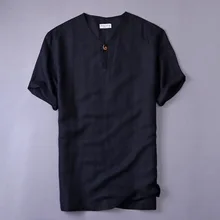 Новая летняя брендовая рубашка мужская с коротким рукавом Свободная тонкая хлопковая полотняная Мужская рубашка модная однотонная трендовая футболки с v-образным вырезом