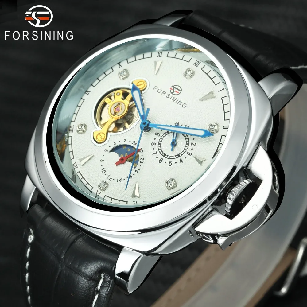 

FORSINING Top Brand Luxury Auto Mechanical Watch Men Tourbillon Skeleton Dial Sun Moon Display Fashion Leather Strap Wristwatch