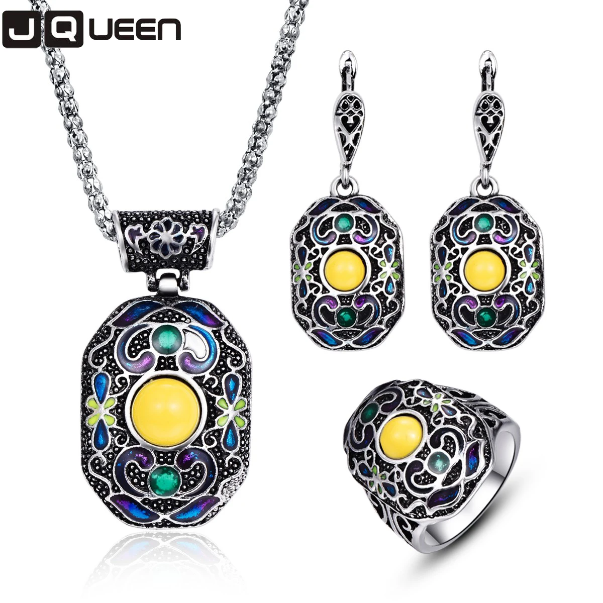 

Antique Silver Color Turkish Jewellery Set Colorful Enamel Ethnic Vintage Necklace Earrings Ring Jewelry Sets For Women ly18