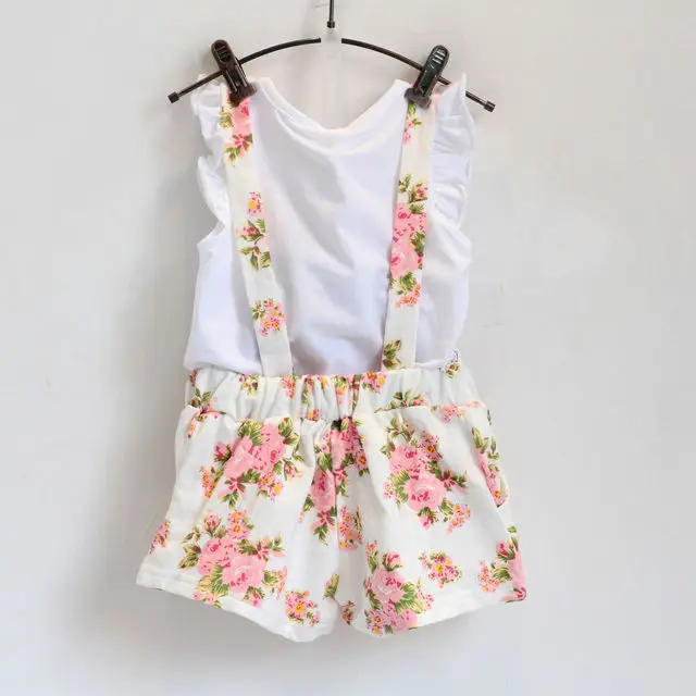 جديد أزياء الفتيات الملابس مجموعة الصيف تاج قميص مع الأزهار overet دعوى للطفل فتاة الأطفال ملابس طفلة دعوى