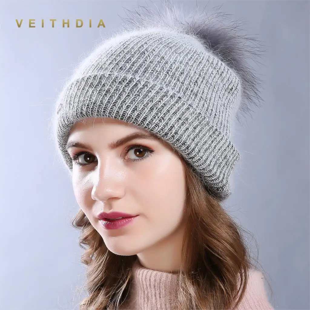 VEITHDIA 2019 двухслойная Шапка-бини из кроличьего меха женская зимняя вязаная