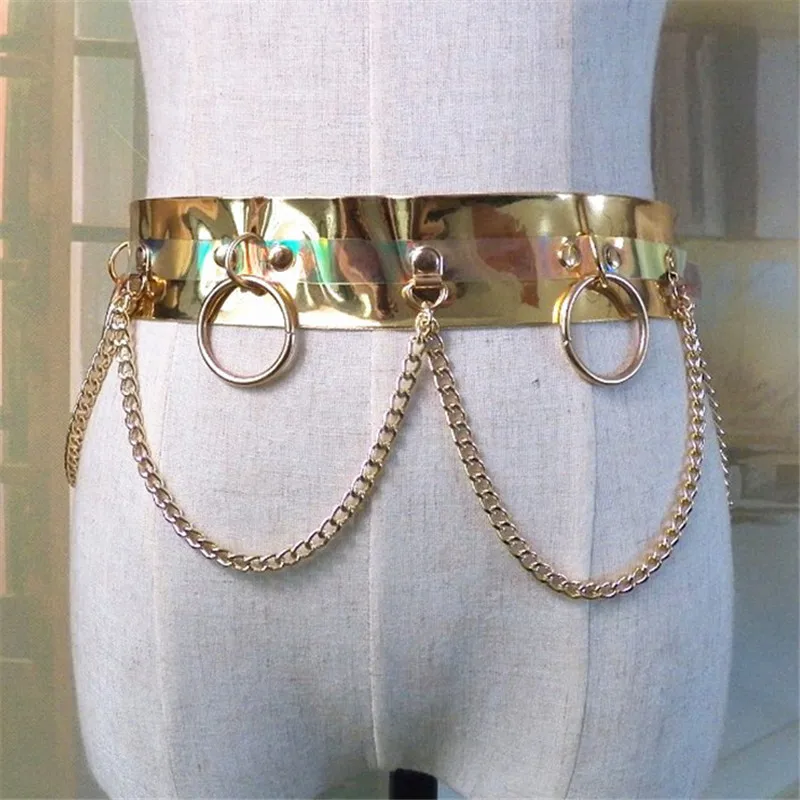 Блестки для ногтей из искусственной кожи с металлической цепочкой, поясные ремни для женщин, панк, фестивальный Рейв, аксессуары, вечерние клубный пояс, золото, серебро