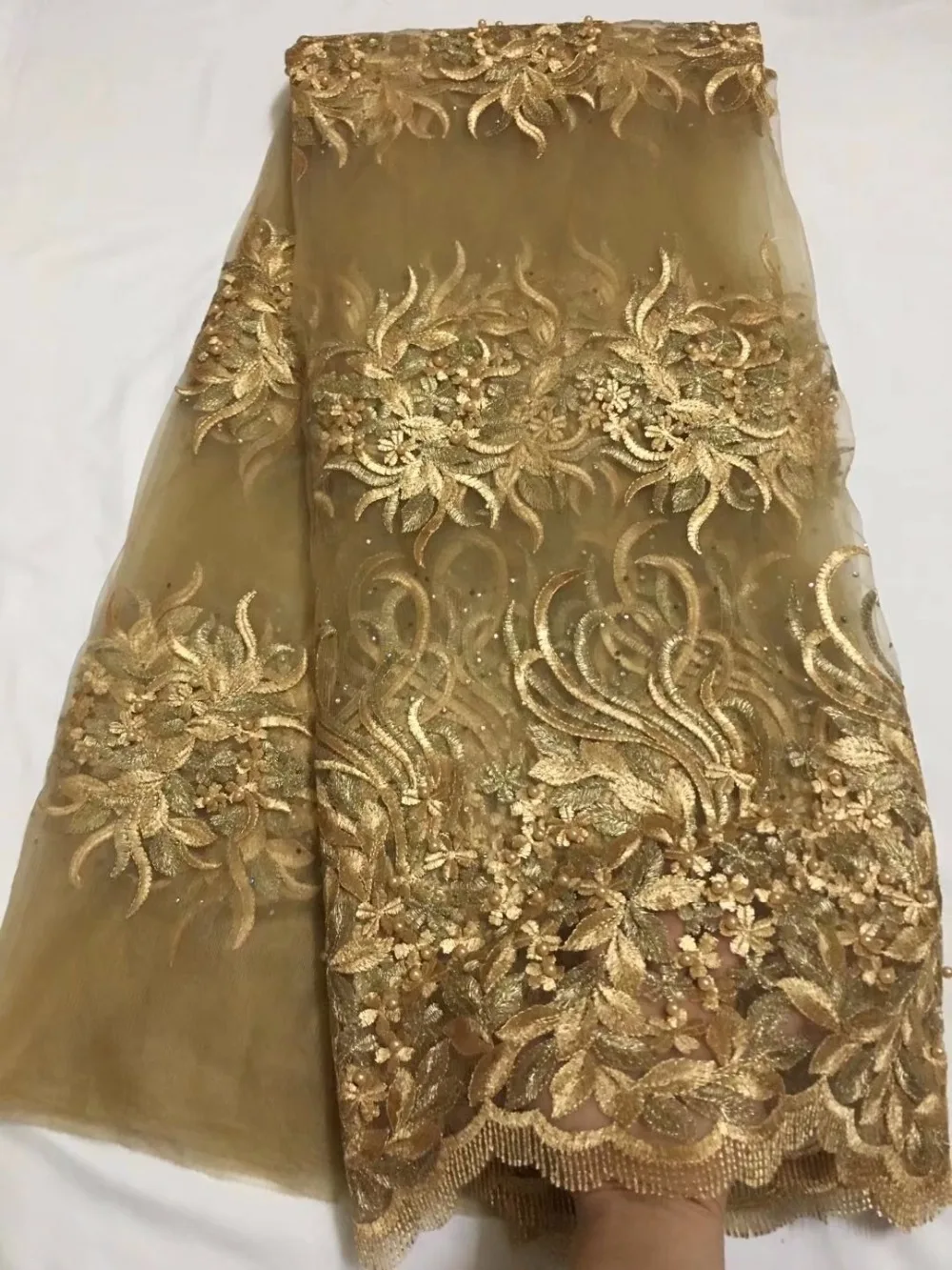 Gold heavy beaded lace fabric high quality nigerian embroidered tulle