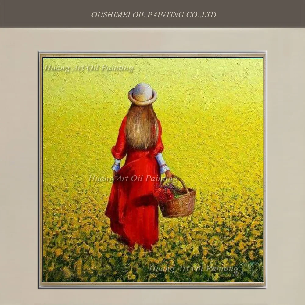 

New Hand Painted Modern Oil Painting on Canvas Red Skirt Girl on Yellow Pastoral Scenery Artwork Paintings Landscape