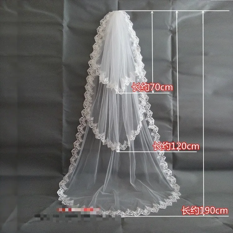 

Exquisite Modern Wedding Dress Long 190cm Three-layer Trailing Tail Yarn Multi-layer Tulle Lace Veil Wedding Church Decoration