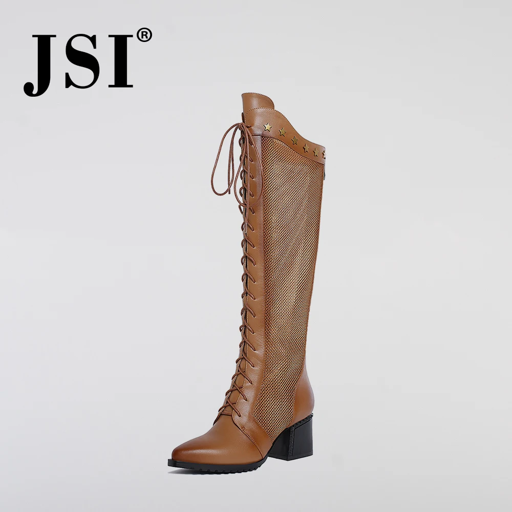 

JSI High Quality Pointed Toe High Heels Female Breathable Mesh Martin Lace-up Hollow Boots Spring Autumn Ladies Net Boots JO201