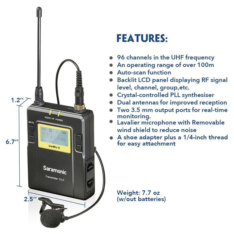 Saramonic Uwmic9 96-канальный Uhf Беспроводной петличный микрофон Системы два передатчика и один приемник для Dslr камеры и видеокамеры V