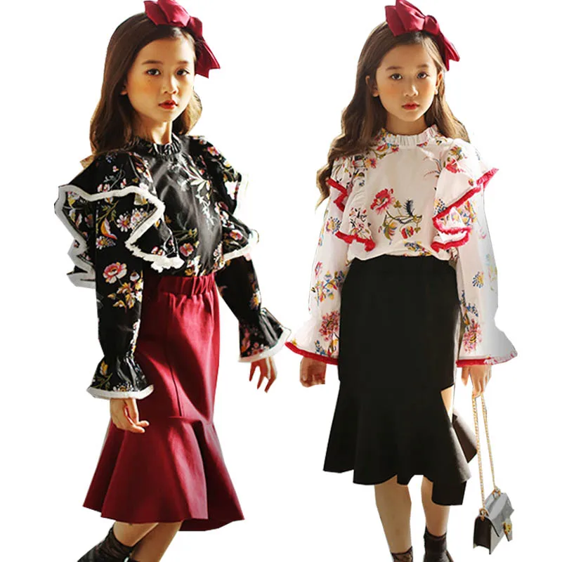 Matching Family Outfits Print Ruffle T shirt Fishtail Skirt Suit Mother Daughter Dress Suit Family Matching Clothes for Kids 14T