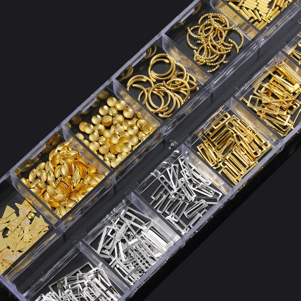 12 решеток/коробка смешанного размера 3D полые металлические золотые серебряные блестки для ногтей металлические овальные звезды оболочки шпильки DIY маникюр Дизайн ногтей декорации