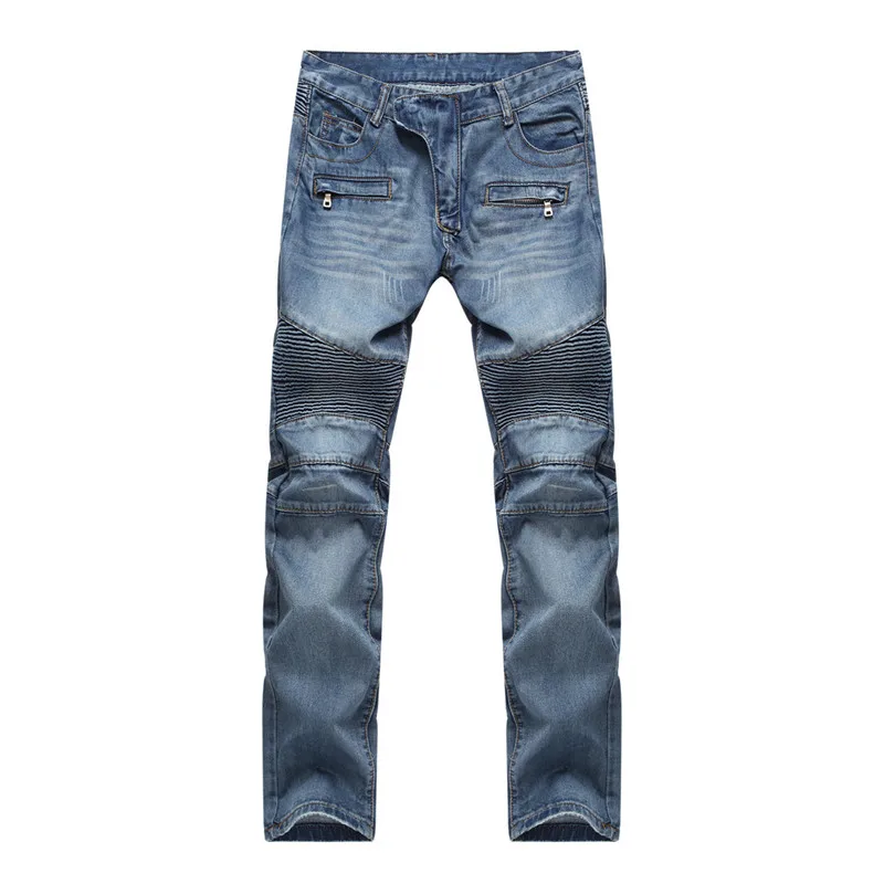 Stylish High Street Motor Biker Mens Slim Fit Fold Jeans Washed Denim Moto Elastic Blue Skinny