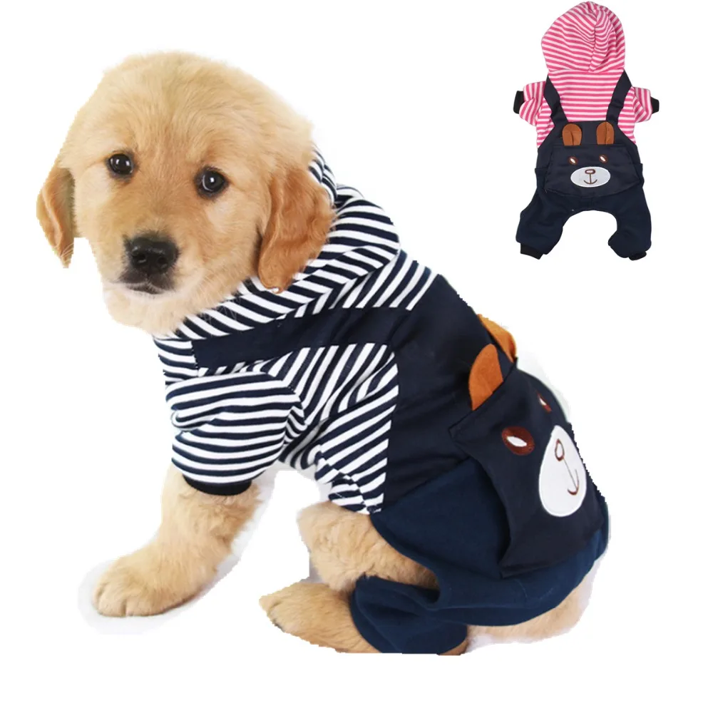 Q5 New Stripe Pet Dog Overall Jumpsuit Costume Puppy Cat Hoodie Four