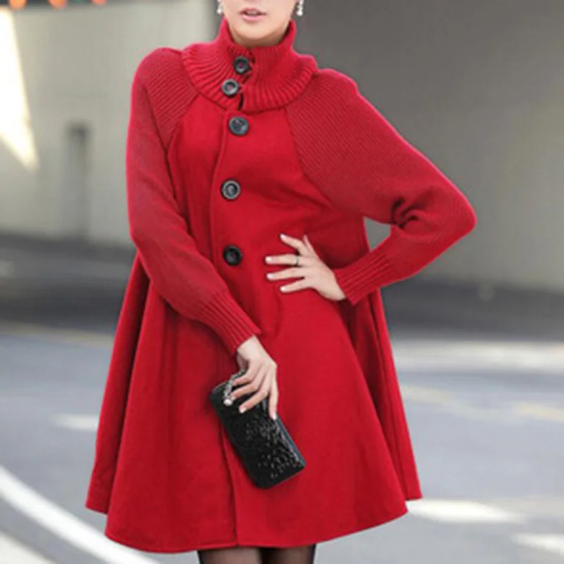 Spring Autumn winter cloak knit Warm Woolen Coat Female single-breasted windbreaker long-sleeved high trench Coat streetwear - Цвет: red