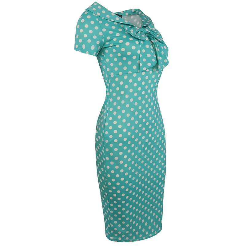 Kostlich Turn-down Collar With Bow Knot Dot Pencil Dress Short Sleeves Women Summer Dress Bodycone Party Dresses Casual Sundress (7)