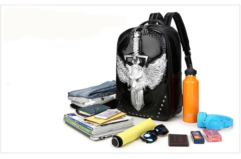 Рюкзак унисекс в стиле рок с объемным волком из искусственной кожи, водонепроницаемый рюкзак для мужчин и женщин, школьные сумки для мальчиков