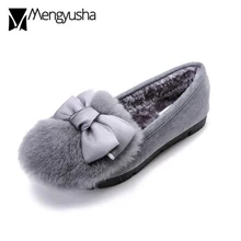 41 42 43 плюс размер мех обувь женщина сладкий кружева на плоской подошве с бантом действительно мех кролика зимняя обувь теплые плюшевые лоферы zapatos Mujer C30