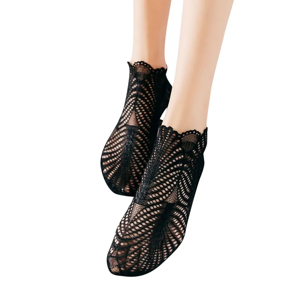 Удобные нейлоновые женские невидимые носки с низкой лодыжкой, женские носки-лодочки, хлопковые кружевные носки, сексуальные сетчатые женские носки kawaii A75 - Цвет: Черный