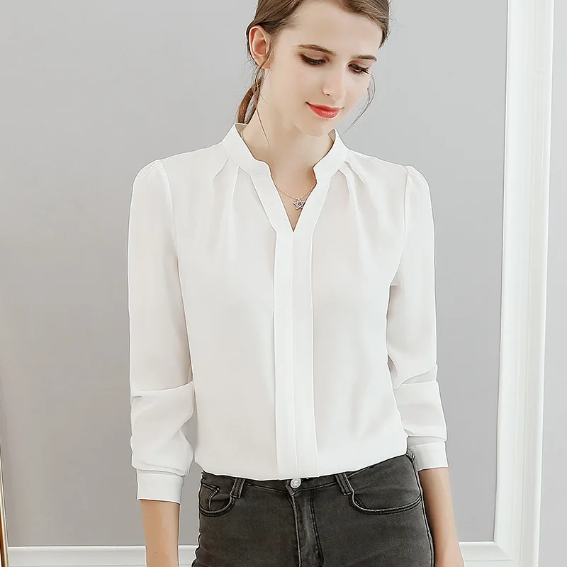 

women office solid blouse shirt women summer long sleeeve v neck casual white blouse shirt women tops and blouse
