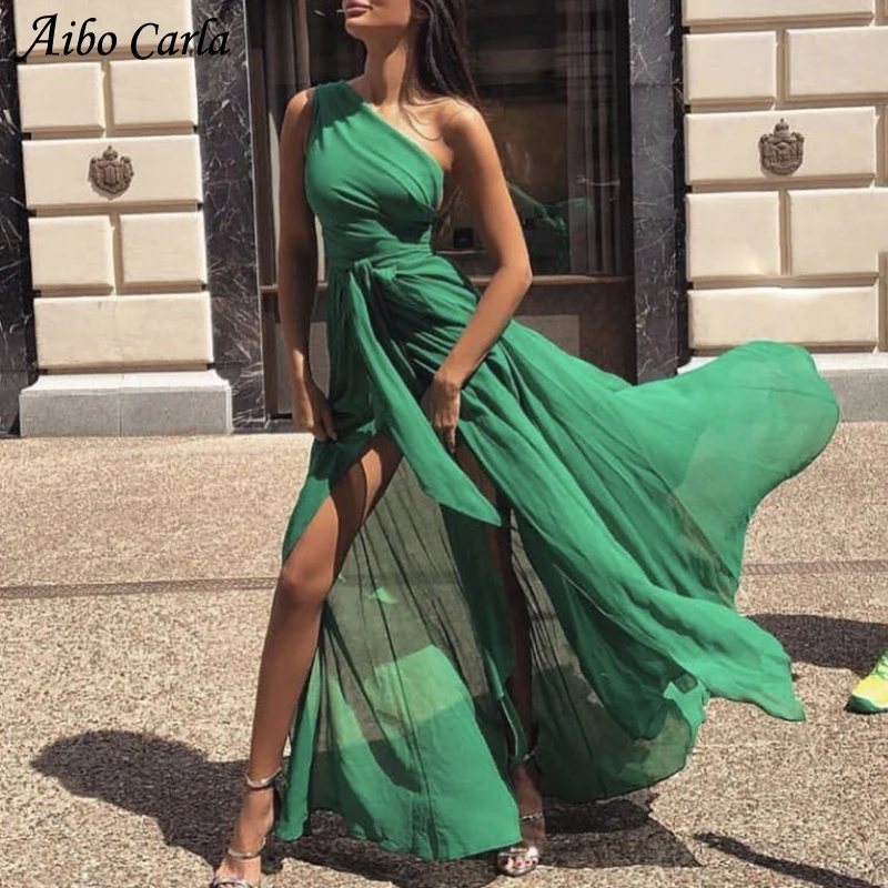 

One Off Shoulder Maxi Dress Women Tie Waist High Slit Elegant Formal Dress Ladies Party Long Chiffon Dresses robe femme vestidos