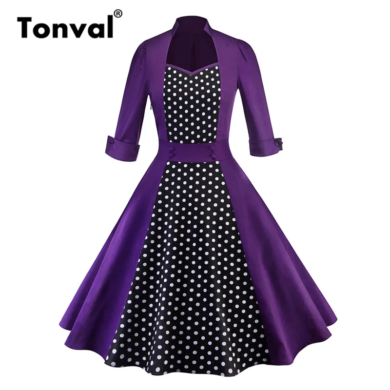 

Tonval Vintage Polka Dot Elegant 50s Purple Dress Women 3/4 Sleeve 2019 Autumn Hepburn Rockabilly Pinup Dresses