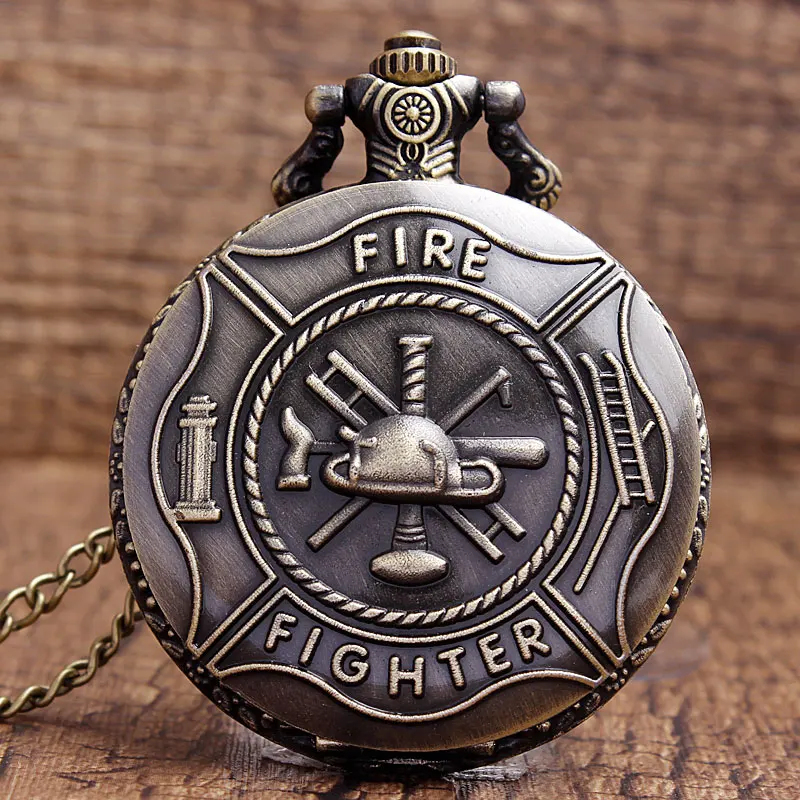 

Fire Fighter Quartz Pocket Watch Vintage Retro Bronze Pendant Necklace Chain Fob Watches Mens Women Unisex Gift Flip Case Clock