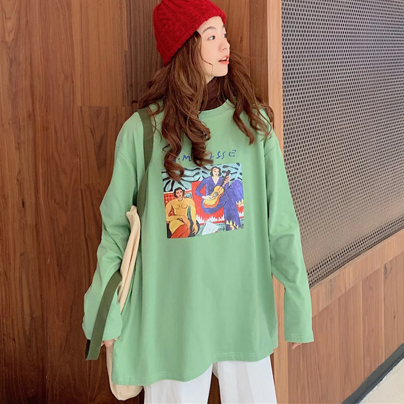 

autumn vintage oversized thin cotton T-shirts Women Long Sleeve tshirt Harajuku Loose casual Korean funny cartoon Print t shirt