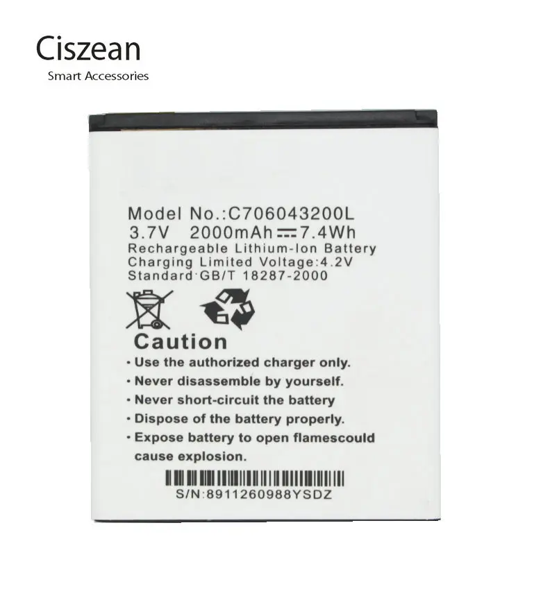 

Ciszean 1x 3.7V 2000mAh Replacement Li-ion Battery C706043200L For BLU Studio 5.0 C HD L120 D534 D670U D670 batteries